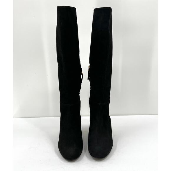 FENDI Boots Womens 38.5 Black Suede Knee High Tall Block Heeled Shoes Gold - Picture 4 of 13